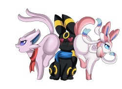 Size: 3509x2550 | Tagged: suggestive, artist:pridark, oc, oc:cipher (merlow), oc:nova (merlow), oc:rose (merlow), eeveelution, espeon, fictional species, sylveon, umbreon, feral, nintendo, pokémon, between butts, booty sandwich, butt bump, clothes, commission, dominant female, faceful of ass, female, group, heart, heart eyes, high res, male, male/female, sandwiched, scarf, simple background, transparent background, trio, wingding eyes