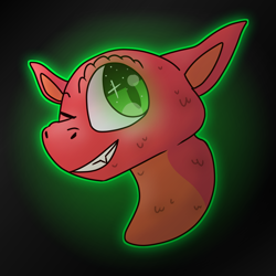 Size: 1080x1080 | Tagged: safe, artist:moonydrawz, oc, oc only, oc:brookin (superscales), fictional species, kobold, reptile, ambiguous form, 2018, black background, black outline, bust, colored outline, colored pupils, digital art, double outline, green eyes, green outline, grin, male, one eye closed, orange scales, portrait, red scales, scales, simple background, solo, solo male, teeth, winking