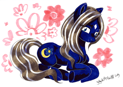 Size: 1920x1361 | Tagged: safe, artist:yulynh, oc, oc only, oc:moon flower, equine, mammal, pony, feral, friendship is magic, hasbro, my little pony, 2019, abstract background, ambiguous gender, blue eyes, blue fur, commission, commissioner:moon flower, cutie mark error, flower, flüüfff, flüüfff 2019, full body, fur, gray hair, hair, hooves, lidded eyes, looking at you, lying, mane, marker drawing, side view, sitting, smiling, smiling at you, solo, solo ambiguous, star (facial marking), tail, traditional art