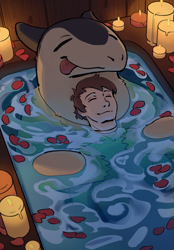 Size: 889x1278 | Tagged: safe, artist:capte, fictional species, human, mammal, typhlosion, semi-anthro, series:pokespa, nintendo, pokémon, 2020, bath, bathtub, blep, brown hair, candle, complete nudity, digital art, duo, duo male, explicit source, eyes closed, fire, fur, hair, hand on chest, hug, lying down, male, male/male, males only, nudity, on back, partially submerged, petals, pokémon trainer, shipping, size difference, skin, smiling, starter pokémon, story included, tan fur, tan skin, tongue, tongue out, water