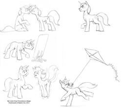 Size: 1297x1148 | Tagged: safe, artist:baron engel, oc, oc only, equine, fictional species, mammal, pony, unicorn, feral, female, happy, kite, sketch, smiling, story at source, traditional art