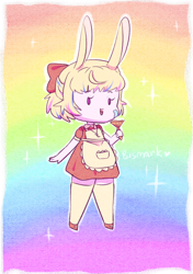 Size: 510x723 | Tagged: safe, artist:bismark, furbooru exclusive, oc, oc only, oc:karrioth, animal humanoid, fictional species, lagomorph, mammal, rabbit, humanoid, abstract background, anime, blonde hair, bow, chibi, clothes, cute, dress, ears, femboy, gradient background, hair, legwear, looking at something, male, mushroom, ocbetes, purple eyes, rainbow, shoes, signature, simple background, solo, solo male, sparkles, stockings