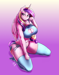 Size: 704x900 | Tagged: suggestive, artist:pia-sama, princess cadence (mlp), alicorn, equine, fictional species, mammal, pony, anthro, plantigrade anthro, friendship is magic, hasbro, my little pony, adorasexy, anthrofied, bedroom eyes, belly button, big breasts, boob window, bra, breasts, cat keyhole bra set, cat lingerie, cleavage, clothes, cute, female, fur, gradient background, huge breasts, kneeling, lingerie, looking at you, mare, mature, mature female, panties, pink fur, sexy, signature, socks, solo, solo female, sweater, topwear, underwear, wings