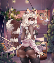 Size: 915x1080 | Tagged: suggestive, artist:tekahika, canine, cat, feline, fox, hybrid, mammal, anthro, bra, brown fur, camera, candle, clothes, ear fluff, female, fluff, fur, hair, lace, lace panties, legwear, lingerie, looking back, outdoors, panties, plant, ponytail, shirt, solo, solo female, striped tail, stripes, tail, thigh highs, topwear, underwear, undressing, white fur, white hair, yellow eyes