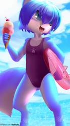 Size: 1296x2332 | Tagged: safe, artist:v-tal, oc, oc only, oc:krysi, canine, fox, mammal, anthro, arm marking, beach, blue eyes, blue fur, blue hair, body markings, cherry, clothes, female, food, fruit, fur, hair, ice cream, ice cream cone, inner tube, leg marking, offspring, one-piece swimsuit, smiling, solo, solo female, swimsuit, teeth, two toned fur, vixen, white fur, young