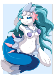 Size: 2550x3509 | Tagged: suggestive, artist:pridark, fictional species, primarina, semi-anthro, nintendo, pokémon, belly button, breasts, clamshell bikini, commission, female, high res, one eye closed, simple background, solo, solo female, starter pokémon, tail, winking