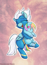Size: 1200x1650 | Tagged: safe, artist:alasou, edit, editor:the dreaded, furbooru exclusive, fleetfoot (mlp), rainbow dash (mlp), equine, fictional species, mammal, pegasus, pony, feral, friendship is magic, hasbro, my little pony, bipedal, clothes, crush plush, cute, eyes closed, female, female/female, fleetdash (mlp), happy, latex, mare, open mouth, patreon, plushie, pony plush, shipping, smiling, solo, solo female, tail, uniform, wings, wonderbolts uniform