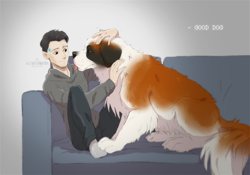 Size: 1144x800 | Tagged: safe, artist:azzai, connor (detroit: become human), sumo (detroit: become human), android, canine, dog, human, mammal, robot, saint bernard, feral, humanoid, cc by-nc-nd, creative commons, detroit: become human, 2018, black body, black fur, brown body, brown fur, chest fluff, couch, duo, duo male, floppy ears, fluff, fur, male, males only, paws, side view, sitting, size difference, skin, tail, tail fluff, tan skin, tongue, tongue out, white body, white fur