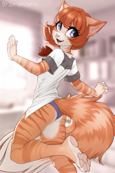 Size: 800x1200 | Tagged: safe, artist:iskra, oc, oc:vera (iskra), cat, feline, mammal, anthro, plantigrade anthro, 4 toes, adorasexy, barefoot, bipedal, blue eyes, breasts, butt, claws, clothes, cute, feet, female, freckles, fur, hair, indoors, legs, looking back, orange body, orange fur, orange hair, palm pads, panties, paw feet, paw pads, paws, purple eyes, sexy, shirt, soles, solo, solo female, standing, striped fur, stripes, thighs, toes, topwear, underpaw, underwear