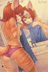 Size: 600x900 | Tagged: safe, artist:iskra, oc, oc:vera (iskra), cat, feline, mammal, tabby cat, anthro, bathroom, breasts, brown body, brown fur, butt, clothes, covering, covering self, crying, embarrassed, embarrassed nude exposure, english text, eyes closed, female, fur, hair, mirror, nudity, orange body, orange hair, panties, partial nudity, perky butt, pink nose, reflection, short hair, sideboob, sink, solo, solo female, stripes, tears, text, topless, towel, underwear