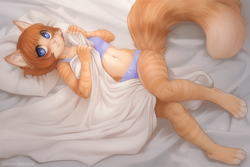 Size: 900x600 | Tagged: suggestive, artist:iskra, oc, oc:vera (iskra), cat, feline, mammal, anthro, plantigrade anthro, 4 toes, adorasexy, barefoot, bed, belly button, bipedal, blue eyes, bra, breasts, cameltoe, clothes, cute, eyelashes, feet, female, fluff, freckles, fur, hair, knock-kneed, legs, looking at you, lying, lying down, midriff, on back, on bed, pale belly, panties, paw feet, paws, pink nose, sexy, small breasts, solo, solo female, tail, tail fluff, teeth, thighs, toes, underwear, wide hips, young