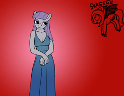 Size: 1280x989 | Tagged: safe, artist:warskunk, maud pie (mlp), earth pony, equine, fictional species, mammal, pony, anthro, friendship is magic, hasbro, my little pony, 2017, anthrofied, clothes, dress, female, red background, simple background, solo, solo female