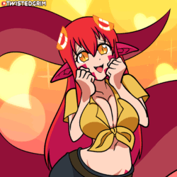 Size: 800x800 | Tagged: suggestive, artist:twistedgrimtv, miia (monster musume), animal humanoid, fictional species, mammal, reptile, snake, humanoid, lamia, monster musume, animated, big breasts, bouncing breasts, breasts, cleavage, clothes, crop top, fangs, female, front-tie top, gif, looking at you, midriff, one eye closed, open mouth, open smile, pointy ears, sharp teeth, smiling, solo, solo female, teeth, tongue, tongue out, topwear, winking