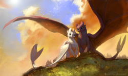 Size: 1246x744 | Tagged: safe, artist:fate-fiction, nubless (httyd), toothless (httyd), dragon, fictional species, light fury (species), night fury, reptile, feral, dreamworks animation, how to train your dragon, 2019, black body, cloud, duo, grass, outdoors, realistic, shipping, spread wings, tail, tree, webbed wings, white body, wings