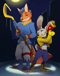 Size: 629x800 | Tagged: dead source, safe, artist:inktigerart, carmelita fox (sly cooper), judy hopps (zootopia), nick wilde (zootopia), sly cooper (sly cooper), canine, fox, lagomorph, mammal, rabbit, red fox, anthro, disney, sly cooper (series), zootopia, 2016, clothes, cosplay, costume, crop top, crossover, duo, female, male, topwear