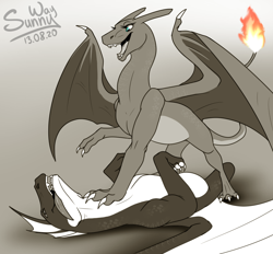 Size: 1078x1000 | Tagged: safe, artist:sunny way, oc, charizard, dragon, fictional species, western dragon, feral, nintendo, pokémon, artwork, battle, cute, dead, digital art, duo, female, fighting, funny, male, monochrome, open mouth, paly, patreon reward, playing, playing dead, sketch, starter pokémon, tongue, tongue out, winner
