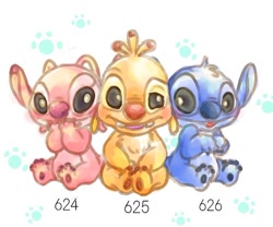 Size: 640x533 | Tagged: safe, artist:kurokuma824, angel (lilo & stitch), reuben (lilo & stitch), stitch (lilo & stitch), alien, experiment (lilo & stitch), fictional species, semi-anthro, disney, lilo & stitch, 2016, 3 toes, 4 toes, antennae, black eyes, blue fur, blue nose, blushing, buckteeth, chest fluff, colored pupils, covering mouth, cute, dipstick antennae, eyebrows, female, fluff, fur, group, head fluff, male, pink fur, purple nose, raised eyebrow, red nose, sitting, teeth, white pupils, yellow fur