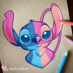 Size: 700x700 | Tagged: safe, artist:dada16808, angel (lilo & stitch), stitch (lilo & stitch), alien, experiment (lilo & stitch), fictional species, ambiguous form, semi-anthro, disney, lilo & stitch, antennae, blue eyes, chest fluff, chest marking, colored pencil, colored pencil drawing, duo, duo male and female, ears, female, fluff, head fluff, heart, irl, male, photo, photographed artwork, smiling, torn ear
