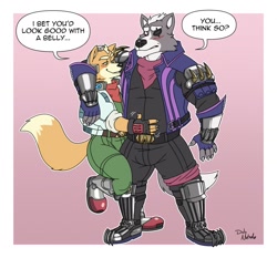 Size: 1280x1191 | Tagged: safe, artist:duly noted, fox mccloud (star fox), wolf o'donnell (star fox), canine, fox, mammal, wolf, anthro, nintendo, star fox, duo, duo male, male, males only, mature, mature male, weight gain