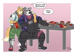 Size: 1280x955 | Tagged: suggestive, artist:duly noted, fox mccloud (star fox), wolf o'donnell (star fox), canine, fox, mammal, wolf, anthro, nintendo, star fox, big belly, crotch bulge, duo, duo male, fat, feeding, male, males only, mature, mature male, weight gain