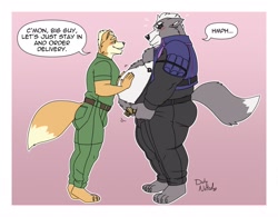 Size: 1280x997 | Tagged: suggestive, artist:duly noted, fox mccloud (star fox), wolf o'donnell (star fox), canine, fox, mammal, wolf, anthro, nintendo, star fox, big belly, duo, duo male, fat, male, males only, mature, mature male, weight gain