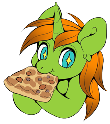 Size: 749x845 | Tagged: safe, artist:pony straponi, oc, oc only, oc:arc pyre, equine, fictional species, mammal, pony, unicorn, feral, friendship is magic, hasbro, my little pony, bust, eating, food, pizza, simple background, solo, transparent background