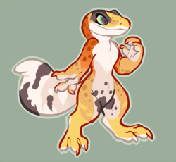 Size: 541x497 | Tagged: safe, artist:hoot, gecko, leopard gecko, lizard, reptile, anthro, ambiguous gender, claws, green background, nudity, orange body, simple background, solo, solo ambiguous, spotted body