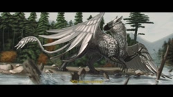 Size: 1280x720 | Tagged: safe, artist:falcrus, oc, oc:kerv (sir squawk), bird, feline, fictional species, gryphon, mammal, feral, 16:9, feathered wings, feathers, forest, looking back, male, river, solo, solo male, water, wings