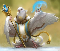 Size: 1280x1094 | Tagged: safe, artist:firefeathers, bird, dove, pigeon, semi-anthro, ambiguous gender, feathered wings, feathers, magic, solo, solo ambiguous, staff, wings