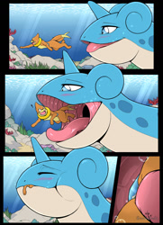Size: 950x1310 | Tagged: suggestive, artist:s2-freak, buizel, fictional species, lapras, mammal, mustelid, reptile, feral, comic:deep down, nintendo, pokémon, ambiguous gender, blushing, comic, coral, duo, imminent vore, macro, mawplay, oral vore, size difference, swimming, underwater, vore, water