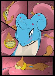 Size: 950x1310 | Tagged: suggestive, artist:s2-freak, buizel, fictional species, lapras, mammal, mustelid, reptile, feral, comic:deep down, nintendo, pokémon, ambiguous gender, blushing, comic, duo, imminent vore, macro, mawplay, oral vore, size difference, underwater, vore, water