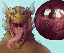Size: 1280x1066 | Tagged: suggestive, artist:h-hawkenstein, bat, dragon, fictional species, mammal, reptile, scaled dragon, anthro, bust, front view, imminent vore, mawplay, mawshot, micro, nano, open mouth, oral vore, picture-in-picture, saliva, sharp teeth, size difference, teeth, tongue, tongue out, uvula, vore
