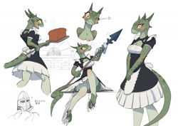 Size: 2000x1414 | Tagged: safe, artist:sat_v12, lifts-her-tail (the elder scrolls), argonian, fictional species, human, mammal, reptile, anthro, digitigrade anthro, the elder scrolls, 2020, baking, bottomwear, bread, breasts, cleavage, clothes, cooking, dialogue, female, food, heart, helmet, horn, horns, legwear, looking at you, looking back, maid, maid outfit, male, male/female, nudity, one eye closed, oven, panties, question mark, simple background, sitting, skirt, slit pupils, smiling, solo, solo focus, spear, standing, stockings, submissive, submissive female, talking, thigh highs, toeless legwear, underwear, weapon, white background, winking