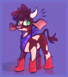 Size: 1920x2160 | Tagged: safe, artist:horseblob, arizona cow (tfh), bovid, cattle, cow, mammal, feral, them's fightin' herds, blushing, boots, clothes, female, green eyes, shoes, solo, solo female, ungulate
