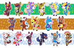 Size: 1280x823 | Tagged: safe, artist:sheldonzilla, annalise (animal crossing), buck (animal crossing), cleo (animal crossing), clyde (animal crossing), colton (animal crossing), ed (animal crossing), elmer (animal crossing), epona (animal crossing), epona (zelda), filly (animal crossing), julian (animal crossing), papi (animal crossing), peaches (animal crossing), reneigh (animal crossing), roscoe (animal crossing), savannah (animal crossing), victoria (animal crossing), winnie (animal crossing), equine, horse, mammal, zebra, anthro, unguligrade anthro, animal crossing, animal crossing: new horizons, animal crossing: new leaf, nintendo, the legend of zelda, ..., 2d, aloha shirt, angry, arm hooves, bashful, blush sticker, blushing, bottomless, clothes, cloven hooves, crossover, curious, daydream, distressed, double outline, ear piercing, exclamation point, eyes closed, female, flower, hand on hip, happy, heart, hooves, lidded eyes, lightbulb, looking down, looking up, love heart, male, mare, mask, mischievous, musical note, nudity, open mouth, partial nudity, piercing, question mark, racehorse, raised leg, shirt, smiling, sparkles, stallion, stars, surprised, sweat, tail, tank top, thought bubble, topwear, welcome amiibo