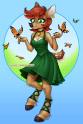 Size: 936x1394 | Tagged: safe, artist:sickly_sour, oc, oc:ambii (unknownrandompt), arthropod, butterfly, faun, fictional species, insect, mammal, anthro, feral, choker, clothes, deer ua, dress, ear piercing, earring, female, green eyes, piercing, size difference, smiling, solo, solo female