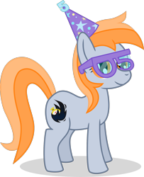 Size: 1462x1800 | Tagged: safe, artist:darkest hour, oc, oc only, oc:darkest hour, earth pony, equine, fictional species, mammal, pony, feral, friendship is magic, hasbro, my little pony, 2016, anniversary, clothes, cutie mark, derpibooru, derpibooru community collaboration, derpibooru community collaboration 2017, digital art, female, fur, glasses, gray fur, hair, hat, hooves, looking at you, mane, mare, orange eyes, orange hair, party hat, side view, simple background, smiling, solo, solo female, standing, tail, transparent background, vector