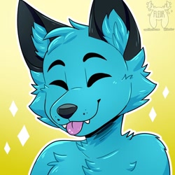 Size: 1080x1080 | Tagged: safe, artist:fleurfurr, canine, dog, mammal, anthro, background, blep, blue fur, bust, chest fluff, cute, digital art, eyes closed, fangs, fluff, fur, male, sharp teeth, signature, smiling, solo, solo male, sparkles, teeth, text, tongue, tongue out, watermark