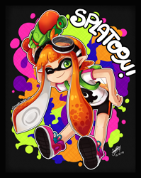 Size: 2000x2510 | Tagged: safe, artist:sandragh, animal humanoid, fictional species, inkling, mammal, mollusk, squid, humanoid, nintendo, splatoon, 2015, black background, female, high res, obtrusive watermark, one eye closed, simple background, solo, solo female, tentacle hair, tentacles, watermark, winking