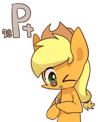 Size: 800x1000 | Tagged: safe, artist:joycall6, part of a set, applejack (mlp), earth pony, equine, fictional species, mammal, pony, feral, series:joycall6's periodic table, friendship is magic, hasbro, my little pony, clothes, cowboy hat, female, hat, holding, holding object, loupe, mare, one eye closed, periodic table, platinum, simple background, solo, solo female, white background, winking