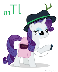 Size: 6400x8000 | Tagged: safe, artist:parclytaxel, part of a set, rarity (mlp), equine, fictional species, mammal, pony, unicorn, feral, series:joycall6's periodic table, friendship is magic, hasbro, my little pony, .svg available, 2020, absurd resolution, agatha christie, bag, book, chemistry, clothes, dexterous hooves, fedora, female, hat, lidded eyes, mare, on model, periodic table, saddle bag, scintillator, simple background, solo, solo female, thallium, twig, vector, white background