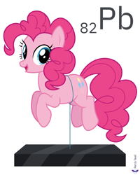Size: 6400x8000 | Tagged: safe, artist:parclytaxel, part of a set, pinkie pie (mlp), earth pony, equine, fictional species, mammal, pony, feral, series:joycall6's periodic table, friendship is magic, hasbro, my little pony, .svg available, 2020, absurd resolution, chemistry, female, floating, lead (element), looking at you, mare, on model, periodic table, simple background, slab, solo, solo female, tail, vector, white background