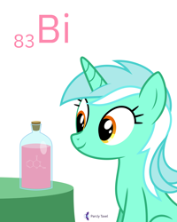 Size: 6400x8000 | Tagged: safe, artist:parclytaxel, part of a set, lyra heartstrings (mlp), equine, fictional species, mammal, pony, unicorn, feral, series:joycall6's periodic table, friendship is magic, hasbro, my little pony, .svg available, 2020, absurd resolution, bismuth, bottle, chemistry, female, horn, looking at something, mare, on model, pepto-bismol, periodic table, simple background, sitting, solo, solo female, table, vector, white background