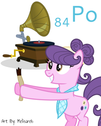 Size: 6400x8000 | Tagged: safe, artist:radomila radon, part of a set, suri polomare (mlp), earth pony, equine, fictional species, mammal, pony, feral, series:joycall6's periodic table, friendship is magic, hasbro, my little pony, .svg available, absurd resolution, antistatic brush, bandanna, brush, chemistry, cute, english text, female, holding, holding object, inkscape, mare, name pun, on model, periodic table, phonograph, polonium, simple background, smiling, solo, solo female, tail, text, vector, white background