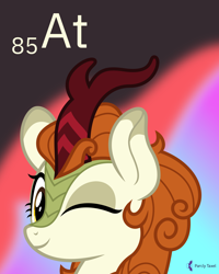 Size: 4000x5000 | Tagged: safe, artist:parclytaxel, part of a set, autumn blaze (mlp), equine, fictional species, kirin, mammal, feral, series:joycall6's periodic table, friendship is magic, hasbro, my little pony, .svg available, 2020, absurd resolution, astatine, bust, chemistry, cute, female, fire, looking at you, nirik, on model, one eye closed, periodic table, portrait, solo, solo female, vector, winking