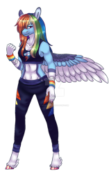 Size: 600x957 | Tagged: safe, artist:malinraf1615, rainbow dash (mlp), equine, fictional species, mammal, pegasus, pony, anthro, unguligrade anthro, friendship is magic, hasbro, my little pony, 2020, abs, adonis belt, alternate hairstyle, anthrofied, bandage, belly button, biceps, bottomwear, clothes, deviantart watermark, female, hair, hooves, mare, midriff, muscles, muscular female, nail polish, obtrusive watermark, pants, simple background, solo, solo female, sports bra, sweatpants, tail, tape, topwear, transparent background, unshorn fetlocks, watermark, wristband