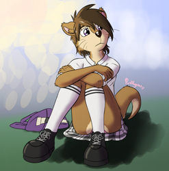 Size: 1800x1825 | Tagged: safe, artist:punkpega, oc, oc:ozzy, mammal, mustelid, otter, anthro, backpack, bottomwear, brown fur, brown hair, clothes, crossdressing, femboy, fur, hair, knee-high socks, male, panties, pink panties, skirt, solo, solo male, underwear, upskirt, whiskers