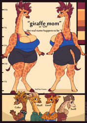 Size: 707x1000 | Tagged: safe, artist:javanshir, oc, oc only, oc:cuke (javanshir), oc:giraffe mom (javanshir), oc:gord (javanshir), oc:muff (javanshir), oc:swill (javanshir), giraffe, mammal, anthro, unguligrade anthro, beauty mark, big butt, bra, breasts, butt, choker, cleavage, clothes, crossed arms, ear piercing, earring, family, female, floppy ears, fur, grin, hand behind head, height chart, hooves, horns, huge breasts, looking at you, looking back, looking back at you, male, mature, mother, mother and child, mother and son, piercing, rear view, reference sheet, shirt, slightly chubby, smiling, son, spiked choker, spots, spotted fur, tail, text, topwear, underwear, vest, young