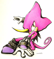 Size: 2345x2558 | Tagged: safe, artist:snowsupply, espio the chameleon (sonic), chameleon, lizard, reptile, anthro, sega, sonic the hedgehog (series), 2017, artwork, game, high res, horn, male, solo, solo male, tail