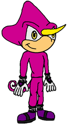 Size: 376x694 | Tagged: artist needed, safe, espio the chameleon (sonic), chameleon, lizard, reptile, anthro, sega, sonic the hedgehog (series), artwork, game, horn, male, smiling, solo, solo male, tail